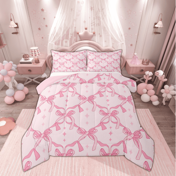 Manfei Princess Ribbon Child Bedding Comforter Set, Pink Cartoon Stars Twin Comforter Sets, Kawaii Ribbon Bow Reversible Bedding Set, Ultra Soft Home Decor, 2pcs