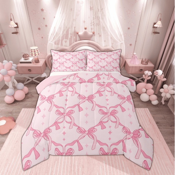 Manfei Princess Ribbon Child Bedding Comforter Set, Pink Cartoon Stars Twin Comforter Sets, Kawaii Ribbon Bow Reversible Bedding Set, Ultra Soft Home Decor, 2pcs