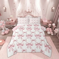 Manfei Princess Ribbon Child Bedding Comforter Set, White Pink Cartoon Twin Comforter Sets, Kawaii Bowknot Bow Reversible Bedding Set, Microfiber Bedroom Decor, 2 Pieces
