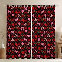 Manfei Princess Ribbon Child Black Out Curtains, Kawaii Strawberry Flower Curtains Pack of 2 (42x63 Each), Black Red Cartoon Style Bedroom Curtains, Curtains and Drapes Bedroom Decor