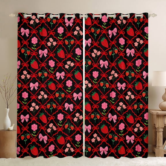 Manfei Princess Ribbon Child Black Out Curtains, Kawaii Strawberry Flower Curtains Pack of 2 (42x63 Each), Black Red Cartoon Style Bedroom Curtains, Curtains and Drapes Bedroom Decor