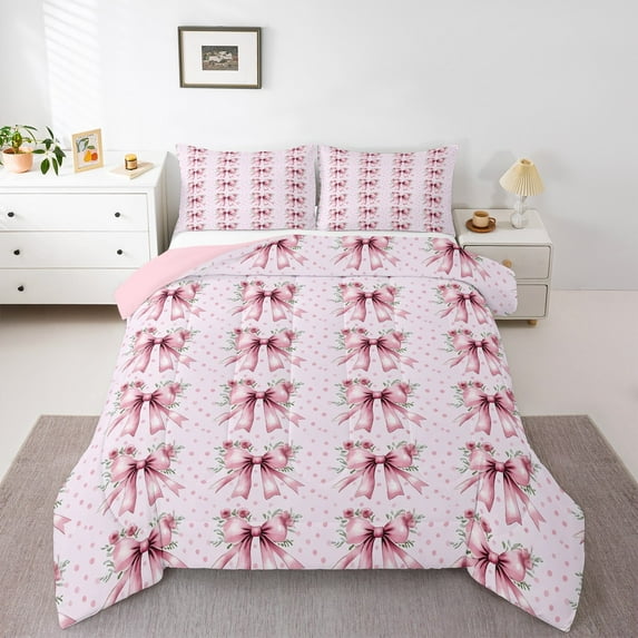 Manfei Princess Ribbon Child Full Size Comforter Sets, Retro Garden Flower Bedding Comforter Set, Kawaii Ribbon Bow Reversible Bedding Sets, Ultra Soft Home Decor, 3pcs