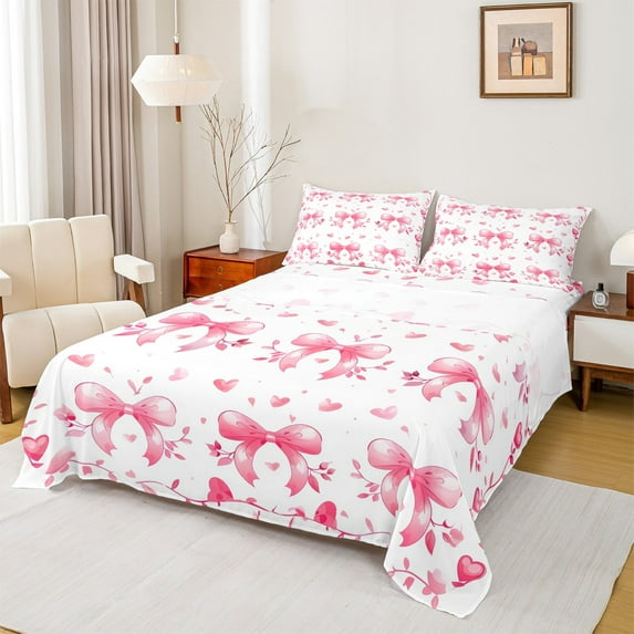 Manfei Princess Ribbon Child Full Size Sheets, White Pink Cartoon Bed Sheets, Watercolor Love Heart Sheet Sets, Luxury Bedroom Decor, 4 Pieces