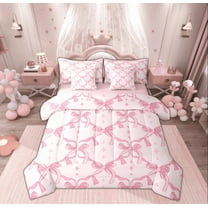 Manfei Princess Ribbon Child Twin Bedding Sets 7-Piece, Pink Cartoon Stars Bedding Comforter Set, Kawaii Ribbon Bow Reversible Sheet Sets, Ultra Soft Home Decor