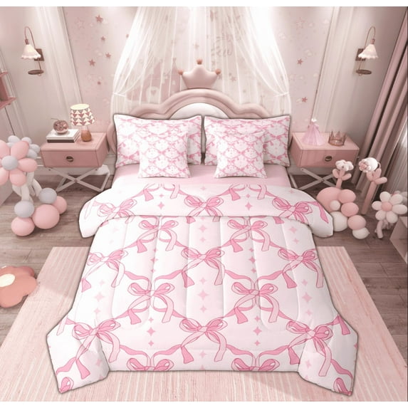 Manfei Princess Ribbon Child Twin Bedding Sets 7-Piece, Pink Cartoon Stars Bedding Comforter Set, Kawaii Ribbon Bow Reversible Sheet Sets, Ultra Soft Home Decor