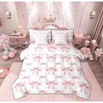 Manfei Princess Ribbon Child Twin Bedding Sets 7-Piece, White Pink Cartoon Bedding Comforter Set, Kawaii Bowknot Bow Reversible Sheet Sets, Microfiber Bedroom Decor