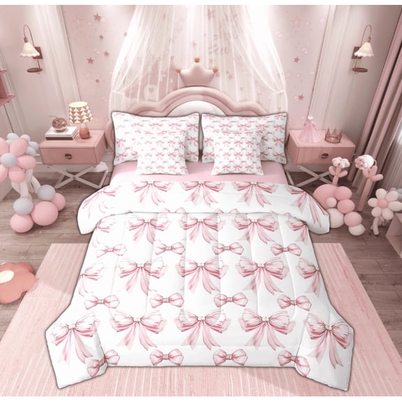 Manfei Princess Ribbon Child Twin Bedding Sets 7-Piece, White Pink Cartoon Bedding Comforter Set, Kawaii Bowknot Bow Reversible Sheet Sets, Microfiber Bedroom Decor