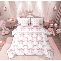 Manfei Princess Ribbon Child Twin Bedding Sets 7-Piece, White Pink Cartoon Bedding Comforter Set, Kawaii Bowknot Bow Reversible Sheet Sets, Microfiber Bedroom Decor