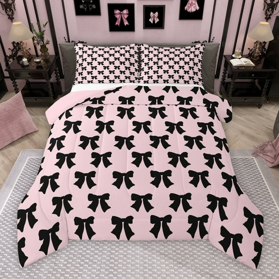 Manfei Princess Ribbon Teens Queen Comforter Set, Dreamy Fairy Tale Bow Bedding Sets, Pink Black Cartoon Reversible Bedding Comforter Set, Microfiber Bedroom Decor, 3 Pieces
