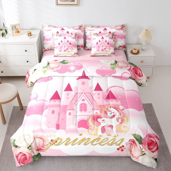 Manfei Princess Unicorn 7-Piece Twin Bedding,Castle Rose Bedding Comforter Set,Pink White,Pink Reversible