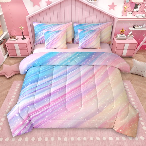 Manfei Psychedelic Galaxy Kids 7-Piece Bedding Comforter Set, Cartoon Starry Sky King Bedding Sets, Dreamy Stars Cloud Reversible Bed Sheets, Microfiber Bedroom Decor