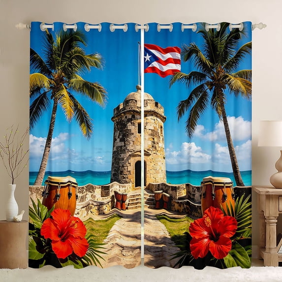 Manfei Puerto Rico Blackout Curtains,Sea Coconut Trees Curtains Pack of 2 (42x84 Each),Red Flowers Decor
