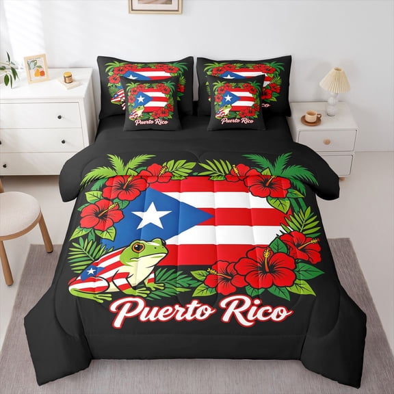Manfei Puerto Rico Flag 7-Piece Twin Bedding,Hibiscus Floral Frog Bedding Comforter Set,Red Green,Black Reversible