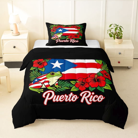 Manfei Puerto Rico Flag Twin Comforter Sets,Hibiscus Floral Frog Bedding Set,Red Green,Black Reversible,2pcs,1 Comforter and 1 Pillowcase