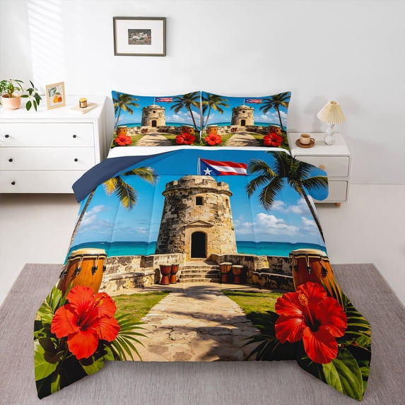 Manfei Puerto Rico Queen Comforter Set,Sea Coconut Trees Comforter Sets Queen,Red Flowers Decor,Navy Blue Reversible,3 Pieces,1 Comforter and 2 Pillowcases