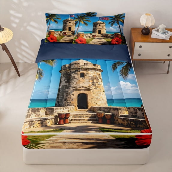 Manfei Puerto Rico Zipper Twin Comforter Sets with Fitted Sheet and 2 Pillowcases,Sea Coconut Trees Zipper Bedding Set,Red Flowers Decor,Navy Blue Reversible,4pcs