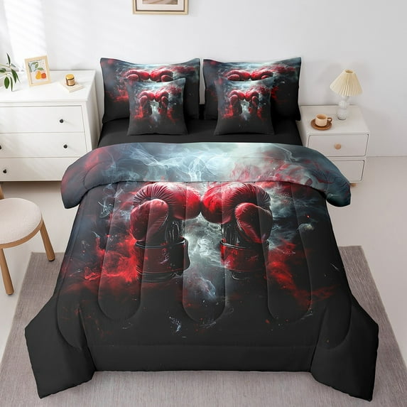 Manfei Pugilism Gloves Twin Bedding Sets 7-Piece,Sports Game Bedding Comforter Set 7-Piece,Boys Men Boxing Sheet Sets For Men,Ultra Soft Bedroom Decor Reversible