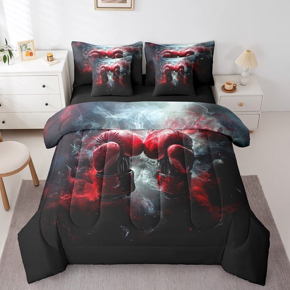 Manfei Pugilism Gloves Twin Bedding Sets 7-Piece,Sports Game Bedding Comforter Set 7-Piece,Boys Men Boxing Sheet Sets For Men,Ultra Soft Bedroom Decor Reversible