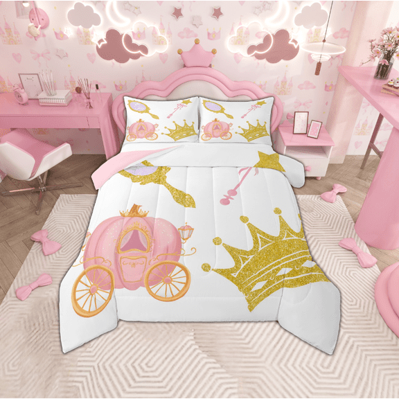 Manfei Pumpkin Carriage Bedding Comforter Set,Princess Gold Crown Twin Comforter Sets,Fairy Tale Theme Bedding Set For Girls,Breathable Home Decor Reversible,2 Pieces