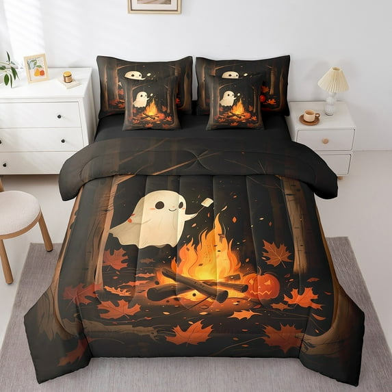 Manfei Pumpkin Ghost 7 Pieces Bedding Comforter Set,Festival Halloween Full Bedding Set Lightweight,Autumn Fall Fitted Sheet Flat Sheet,Microfiber Child Bedroom Decor,Reversible