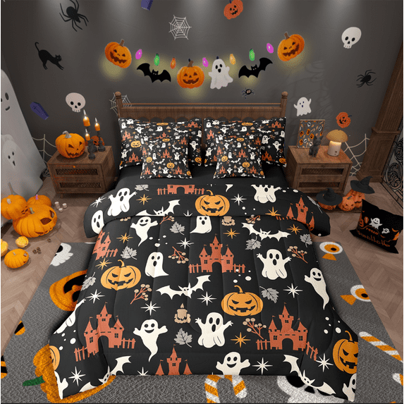 Manfei Pumpkin Ghost Bedding Sets King Size,Spooky Animal Bed in a Bag King size,Happy Halloween Bedding King Size,Microfiber Kids Bedroom Decor,Reversible,7-Piece