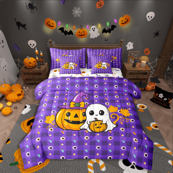 Manfei Pumpkin Ghost Bedding Sets Twin Size,Geometric Buffalo Comforter Sets with Sheets,Kawaii Bow Bed in a Bag Twin size,Lightweight Halloween Room Decoration,Reversible,7-Piece