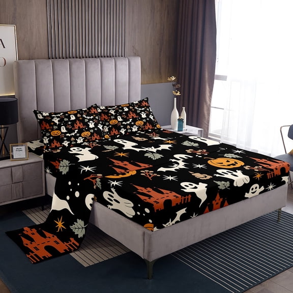 Manfei Pumpkin Ghost Full Sheet Sets,Spooky Animal Bedding Full Size,Happy Halloween Bed Sheets Set Full Size,Microfiber Kids Bedroom Decor,4-Piece