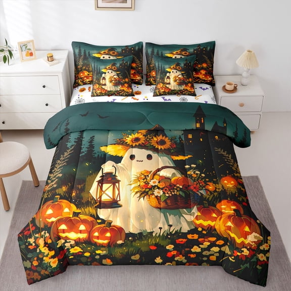 Manfei Pumpkin Lantern Print 7-Piece Twin Bedding,Gothic Halloween Ghosts Bedding Comforter Set,Black,Halloween Reversible