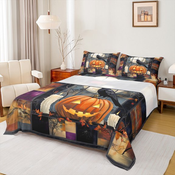 Manfei Pumpkin Lantern Queen Sheet Set,Halloween,Black Crow,4-Piece Ultra Soft