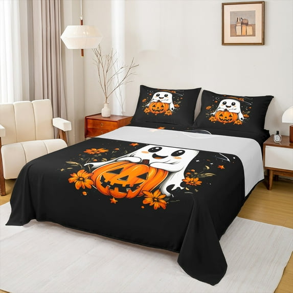 Manfei Pumpkin Lantern Twin Sheet Set,Halloween Ghost,Orange Flower,3-Piece Ultra Soft