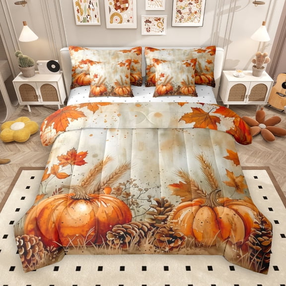 Manfei Pumpkin Pine Cone 7-Piece Bedding Comforter Set,Rustic Farmhouse Cabin King Bedding Sets,Autumn Harvest Bed Sheets For Teens,Breathable Home Decor Reversible