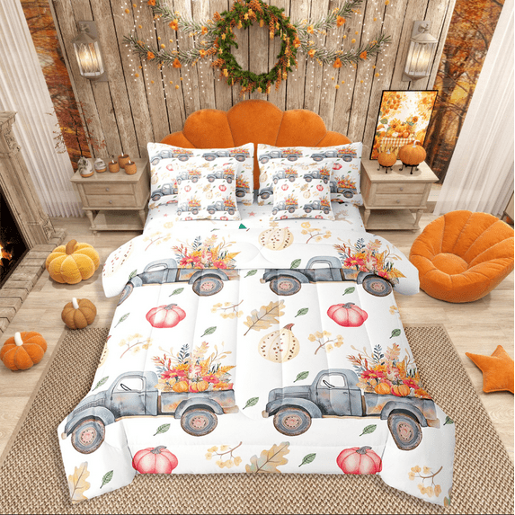 Manfei Pumpkin Truck Bedding Sets Twin Size,Thanksgiving Day Comforter Sets with Sheets,Autumn Harvest Bed in a Bag Twin size,Ultra Soft Festival Room Decorative,Reversible,7-Piece