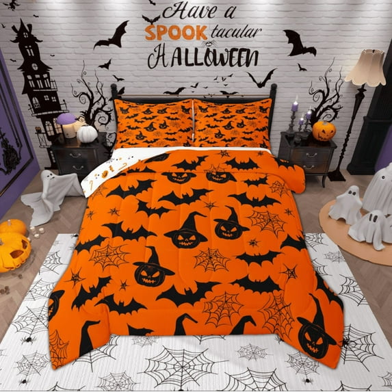 Manfei Pumpkin Witch Hat Full Size Comforter Sets for Child, Orange Black Bat Bedding Comforter Set, Halloween Spider Web Reversible Bedding Sets, Microfiber Bedroom Decor, 3 Pieces