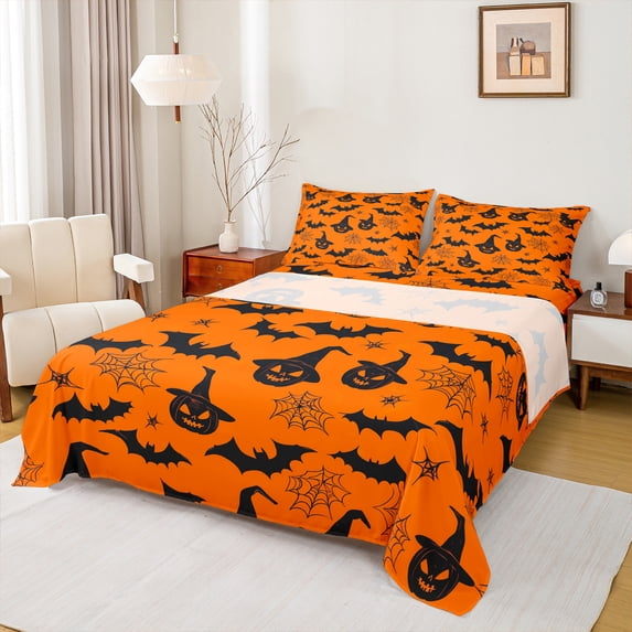 Manfei Pumpkin Witch Hat Twin Sheet Sets for Child, Orange Black Bat Twin Fitted Sheet, Halloween Spider Web Flat Sheet, Microfiber Bedroom Decor, 3 Pieces