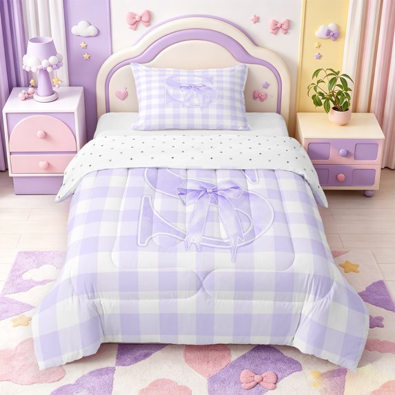 Manfei Purple Abstract Gingham Pattern Twin Comforter Sets,Ribbon Bow Monogrammed S Bedding Set,Reversible,2-Piece,1 Comforter and 1 Pillowcase