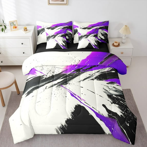 Manfei Purple Abstract Splatter Bedding Comforter Set 7pcs, Chic Geometric Ombre Queen Bedding Sets, Watercolor Artwork Reversible Queen Sheet Sets, Super Cozy Room Decor