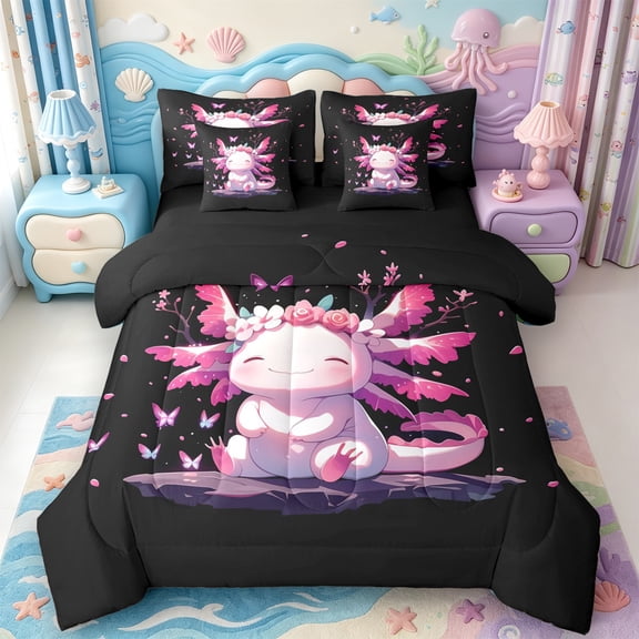 Manfei Purple Axolotl 7-Piece Twin Bedding,Ocean Aniaml Salamander Bedding Comforter Set,Black Reversible