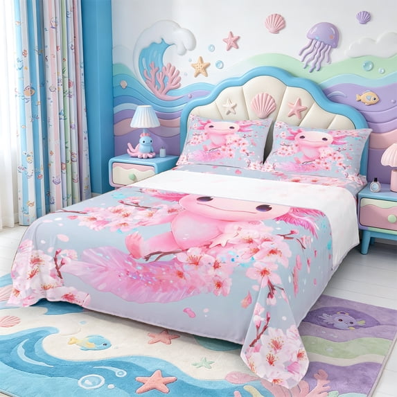 Manfei Purple Axolotl King Sheets,Animals Print Bedding,4pcs,1 Flat Sheet,1 Fitted Sheet and 2 Pillowcases