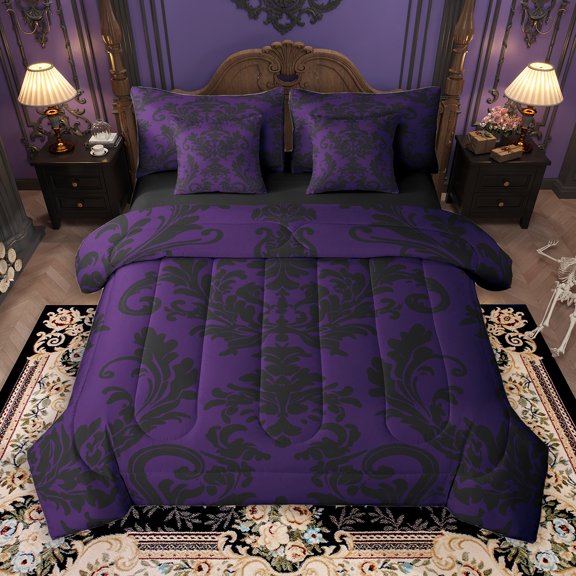 Manfei Purple Black Damask 7pcs Bedding Comforter Set for Adult, Bohemian Flower Floral Queen Bedding Sets, Hippie Mandala Style Reversible Queen Sheet Sets, Luxury Bedroom Decor