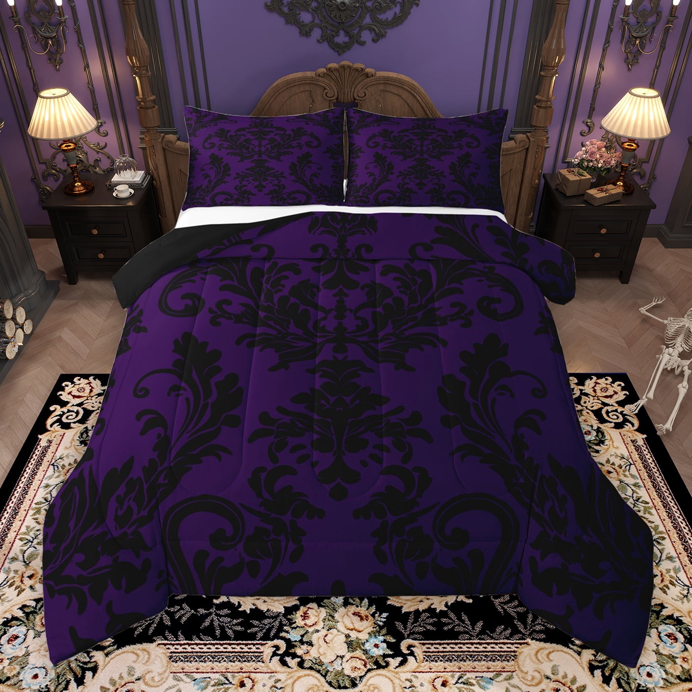 Manfei Purple Black Damask Bedding Comforter Set for Adult, Bohemian ...