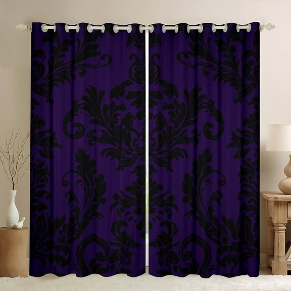 Manfei Purple Black Damask Black Out Curtains for Adult, Bohemian Flower Floral Curtains Pack of 2 (42x63 Each), Hippie Mandala Style Bedroom Curtains, Window Curtains Bedroom Decor