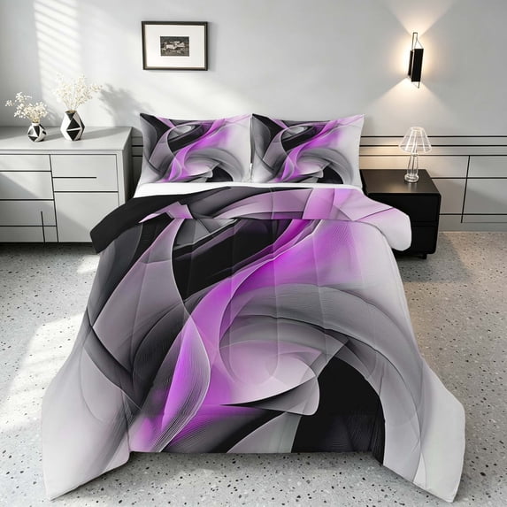 Manfei Purple Black and Gray Queen Comforter Set, Modern Abstract Artwork, Black Reversible 3pcs, 1 Comforter and 2 Pillowcases