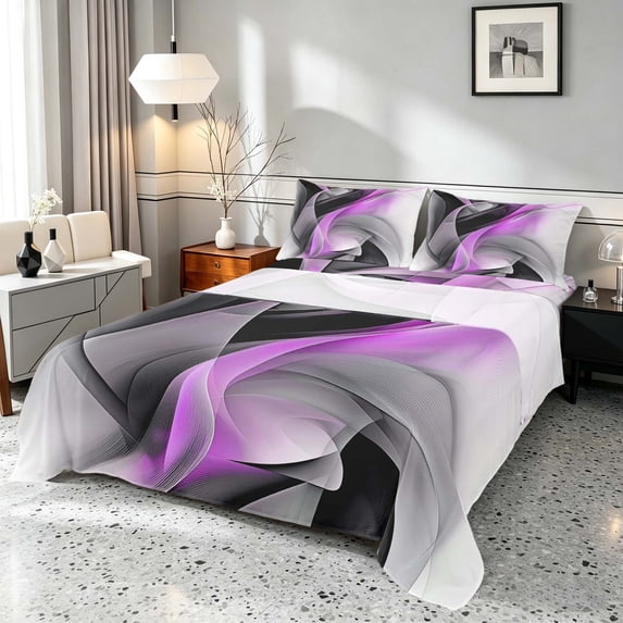 Manfei Purple Black and Gray Queen Sheets, Modern Abstract Artwork, Black Reversible 4pcs1 Flat Sheet + 1 Fitted Sheet + 2 Pillowcases