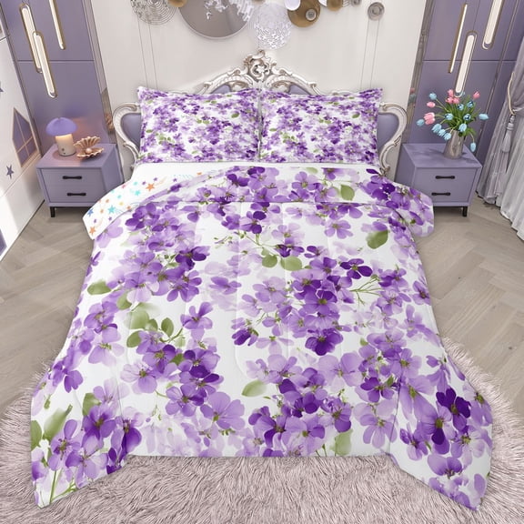Manfei Purple Blossoms 3 Pieces Queen Comforter Set for Kids Children,Spring Graden Ultra Soft Bedding Sets,Chic Floral Flowers Bedding Comforter Set,Microfiber Bedroom Decor,Reversible