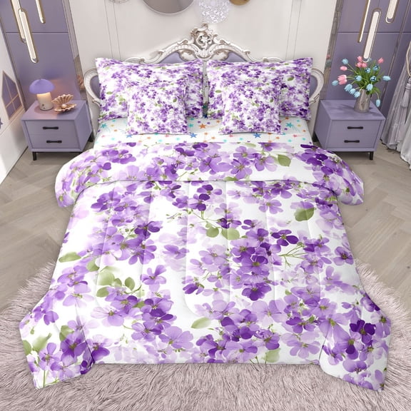 Manfei Purple Blossoms 7-Piece Bedding Comforter Set for Kids Children,Spring Graden King Bedding Sets,Chic Floral Flowers Ultra Soft Bed Sheets,Microfiber Bedroom Decor,Reversible