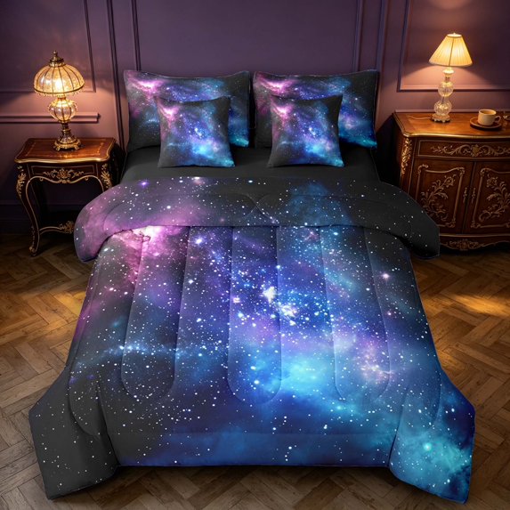 Manfei Purple Blue Celestial Nebula 7-Piece Twin Bedding,Sparkling Stars Print Bedding Comforter Set,Black Reversible