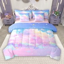 Manfei Purple Blue Galaxy 7-Piece Twin Bedding Sets for Teens, Mystic Glitter Stars Print Bedding Comforter Set, Starry Sky Reversible Sheet Sets, Microfiber Bedroom Decor