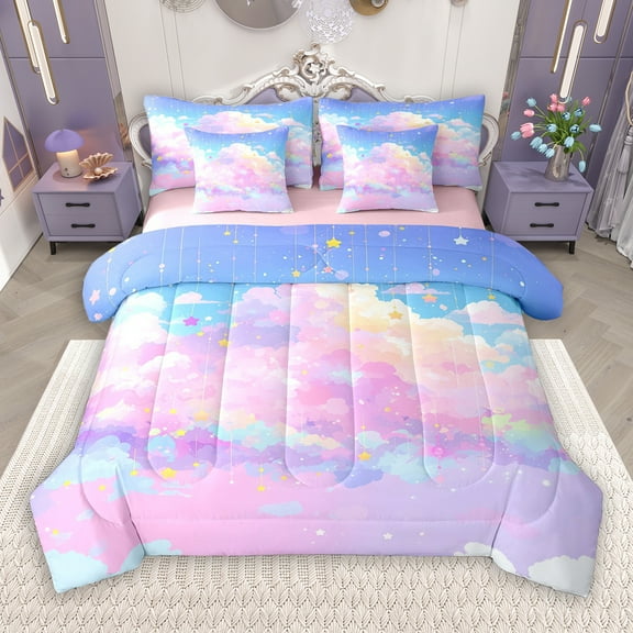 Manfei Purple Blue Galaxy 7-Piece Twin Bedding Sets for Teens, Mystic Glitter Stars Print Bedding Comforter Set, Starry Sky Reversible Sheet Sets, Microfiber Bedroom Decor