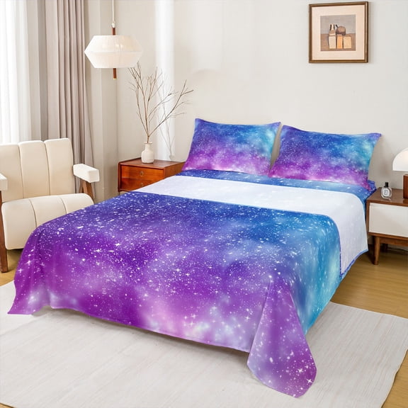 Manfei Purple Blue Galaxy Bed Sheets for Teens, Mystic Glitter Stars Print King Sheets, Starry Sky Sheet Set, Microfiber Bedroom Decor, 4pcs