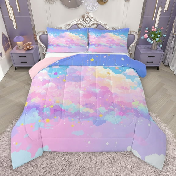 Manfei Purple Blue Galaxy Bedding Comforter Set for Teens, Mystic Glitter Stars Print Twin Comforter Sets, Starry Sky Reversible Bedding Set, Microfiber Bedroom Decor, 2 Pieces